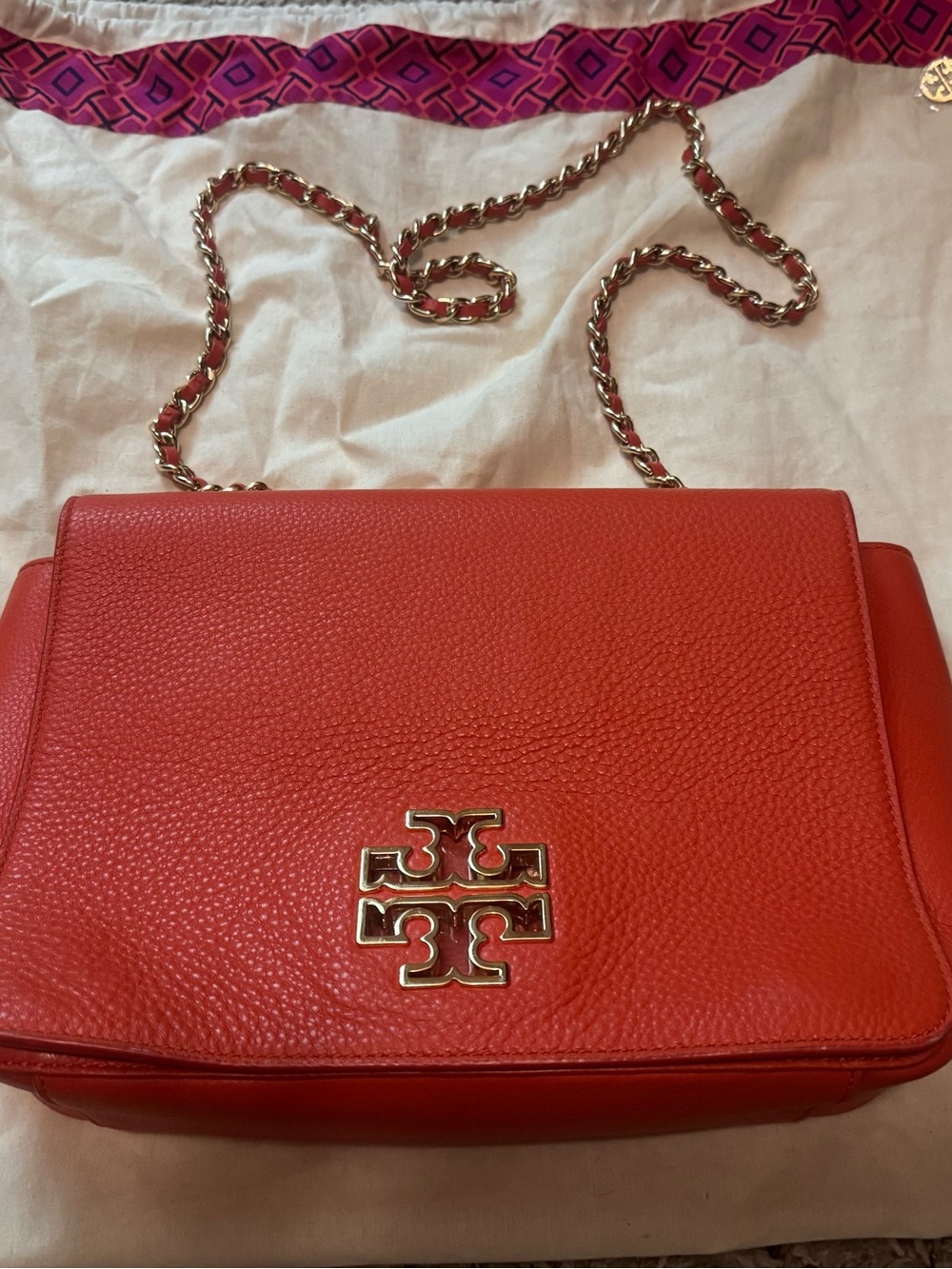 Tory Burch Orange Pebbled Leather Chain-strap Crossbody